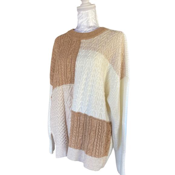 Lands End White Beige Colorblock Cable Knit Oversize Fisherman Sweater Sz Large - Picture 16 of 16